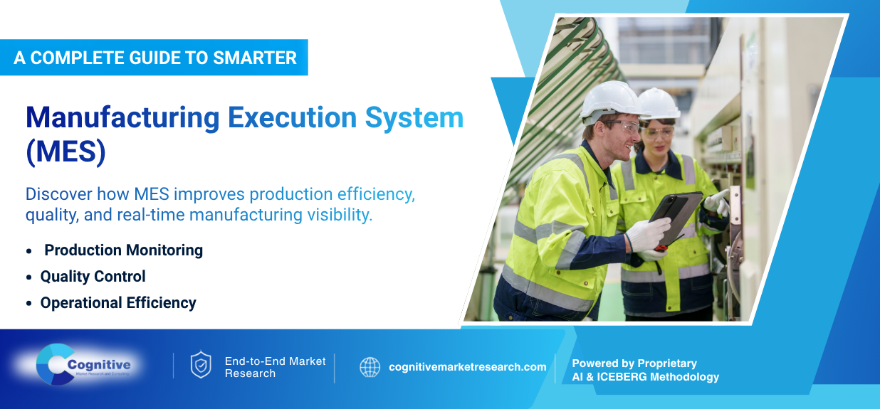Infographic banner by Cognitive Market Research titled 'A Complete Guide to Smarter Manufacturing Execution System (MES)', highlighting production efficiency, quality control, and real-time visibility.