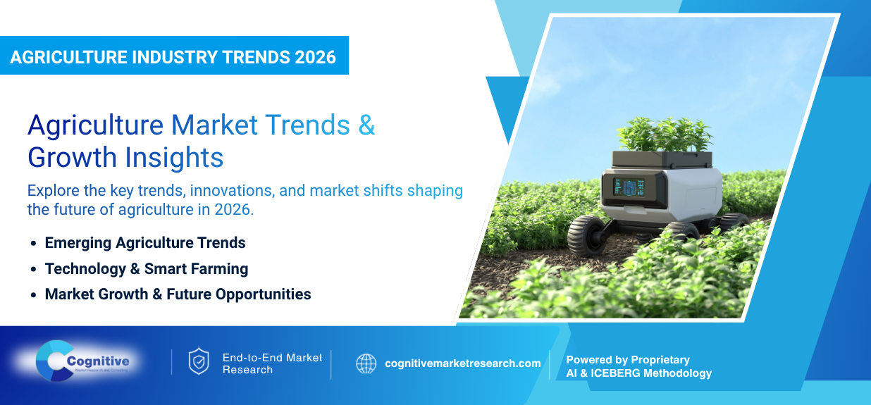Infographic banner by Cognitive Market Research titled 'Agriculture Industry Trends 2026: Agriculture Market Trends & Growth Insights', featuring an autonomous agricultural robot operating in a green crop field.