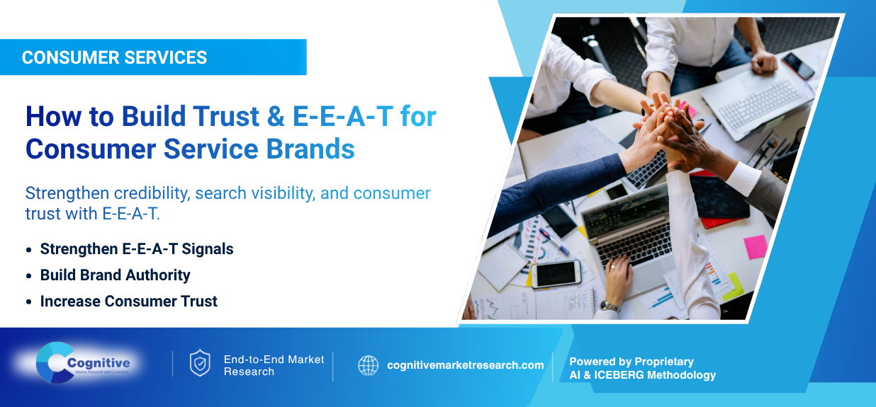 Infographic banner by Cognitive Market Research titled 'Consumer Services: How to Build Trust & E-E-A-T for Consumer Service Brands', focusing on credibility, search visibility, and consumer trust.