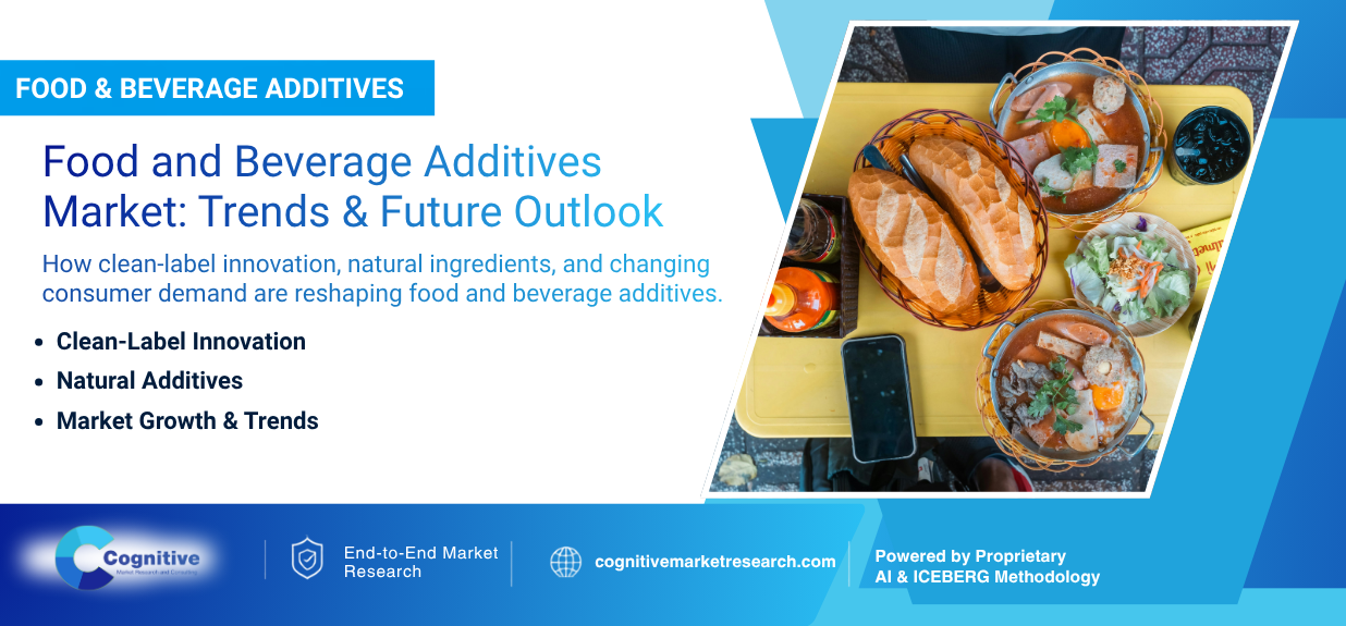 Infographic banner by Cognitive Market Research titled 'Food & Beverage Additives: Food and Beverage Additives Market: Trends & Future Outlook', focusing on clean-label innovation and natural ingredients.