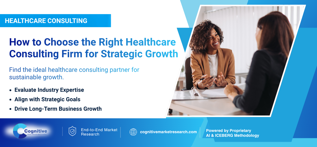 Infographic banner by Cognitive Market Research titled 'Healthcare Consulting: How to Choose the Right Healthcare Consulting Firm for Strategic Growth', focusing on industry expertise and long-term business goals.