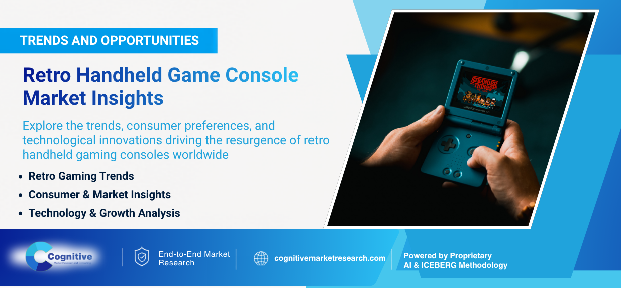 Infographic banner by Cognitive Market Research titled 'Retro Handheld Game Console Market Insights', highlighting trends, consumer preferences, and technological innovations driving the retro gaming resurgence.