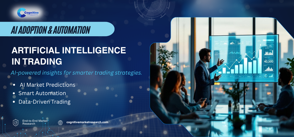 Infographic banner titled 'Artificial Intelligence in Trading: AI-powered insights for smarter trading strategies' by Cognitive Market Research, featuring a team observing market data on a large digital screen.