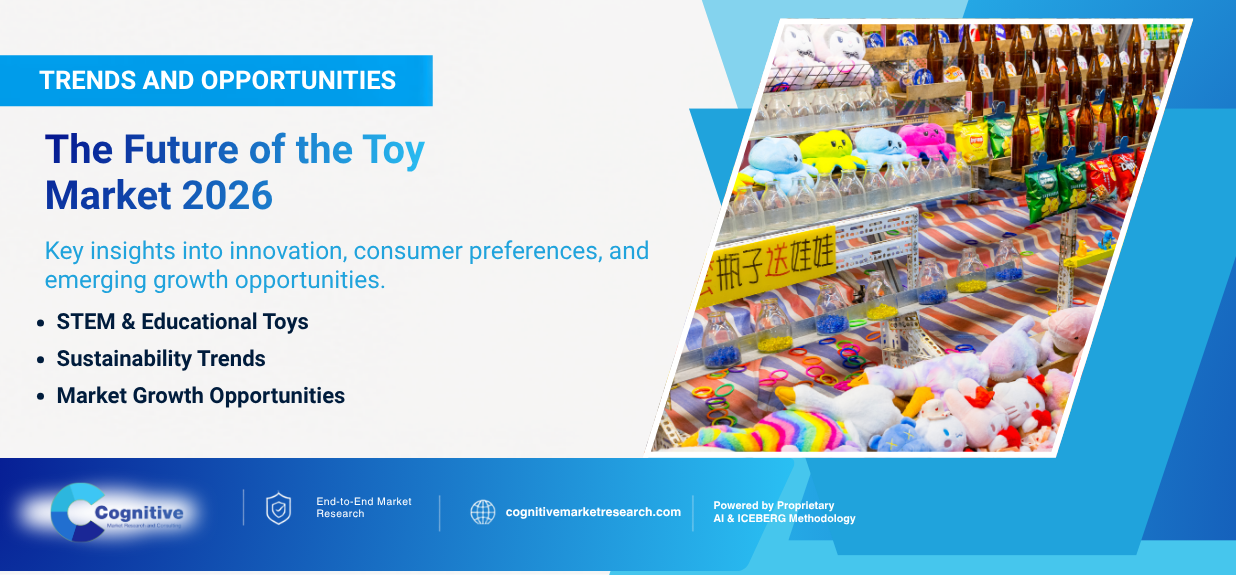alt="Infographic banner by Cognitive Market Research titled 'The Future of the Toy Market 2026', highlighting key insights on innovation, consumer preferences, and growth opportunities such as STEM toys and sustainability.