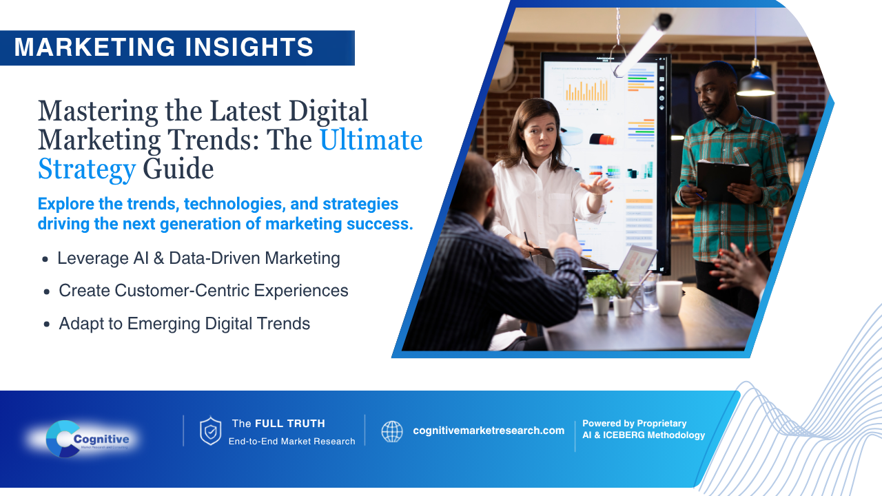 nfographic banner by Cognitive Market Research titled 'Marketing Insights: Mastering the Latest Digital Marketing Trends: The Ultimate Strategy Guide', focusing on AI, data-driven marketing, and customer-centric experiences.