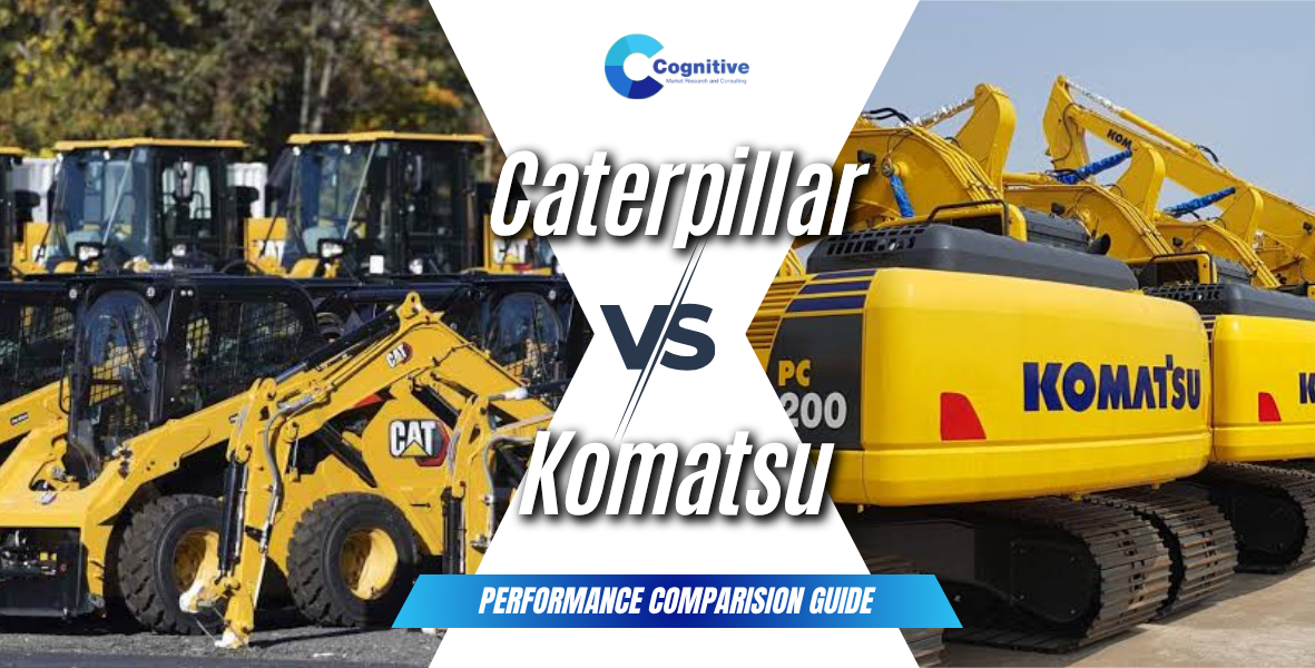 Comparison banner by Cognitive Market Research titled 'Caterpillar vs Komatsu: Performance Comparison Guide', featuring heavy yellow construction machinery from both brands.