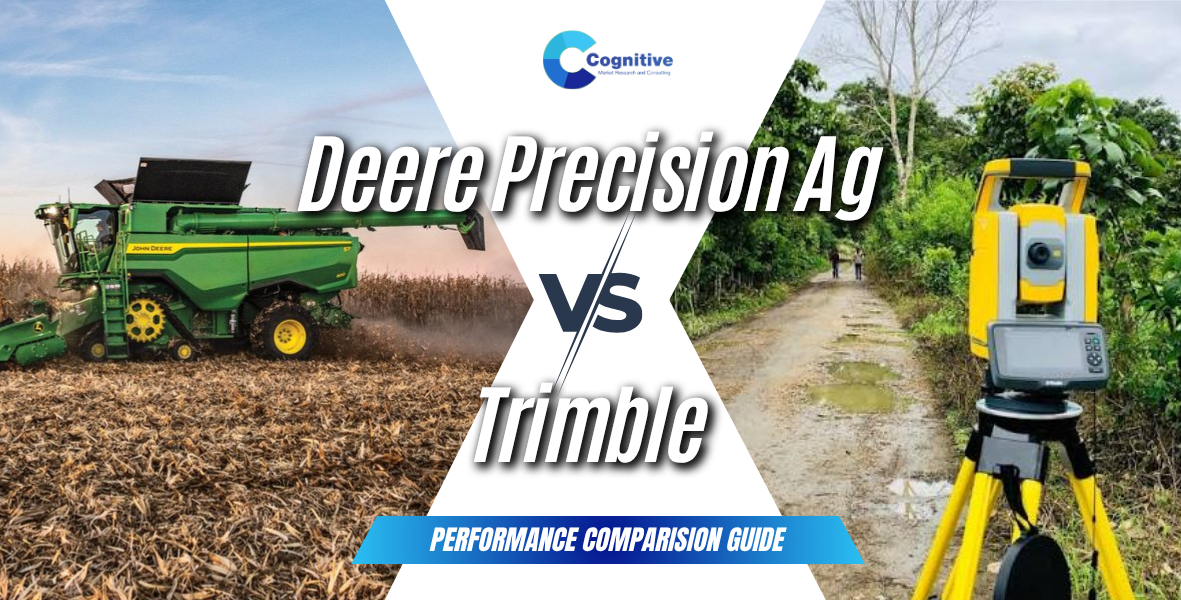 Comparison banner by Cognitive Market Research titled 'Deere Precision Ag vs Trimble: Performance Comparison Guide', featuring a green John Deere combine harvester in a field on the left and trimble.
