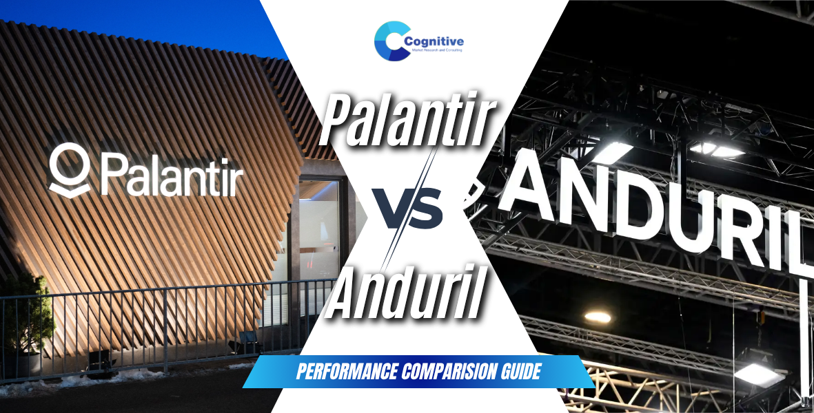 Comparison banner by Cognitive Market Research titled 'Palantir vs Anduril: Performance Comparison Guide', featuring the Palantir corporate building exterior on the left.