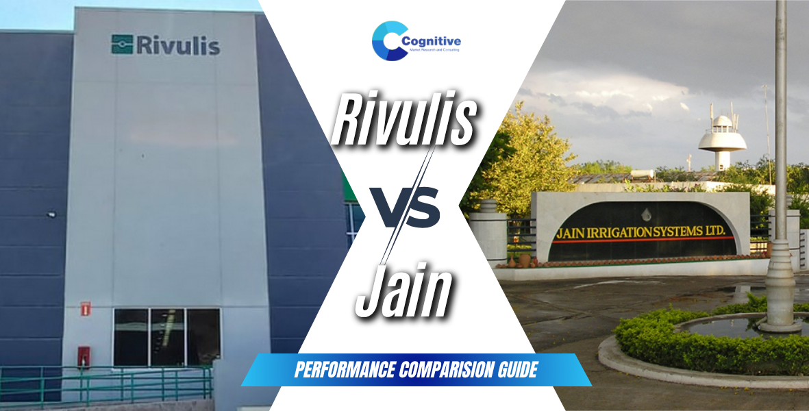 Comparison banner by Cognitive Market Research titled 'Rivulis vs Jain: Performance Comparison Guide', featuring the Rivulis corporate facility on the left and the Jain Irrigation Systems Ltd. entrance on the right.