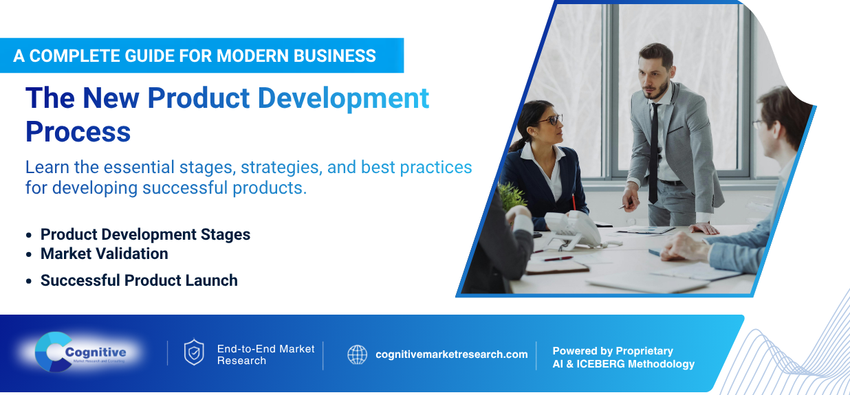 Infographic banner by Cognitive Market Research titled 'A Complete Guide for Modern Business: The New Product Development Process', covering stages, market validation, and launch strategies