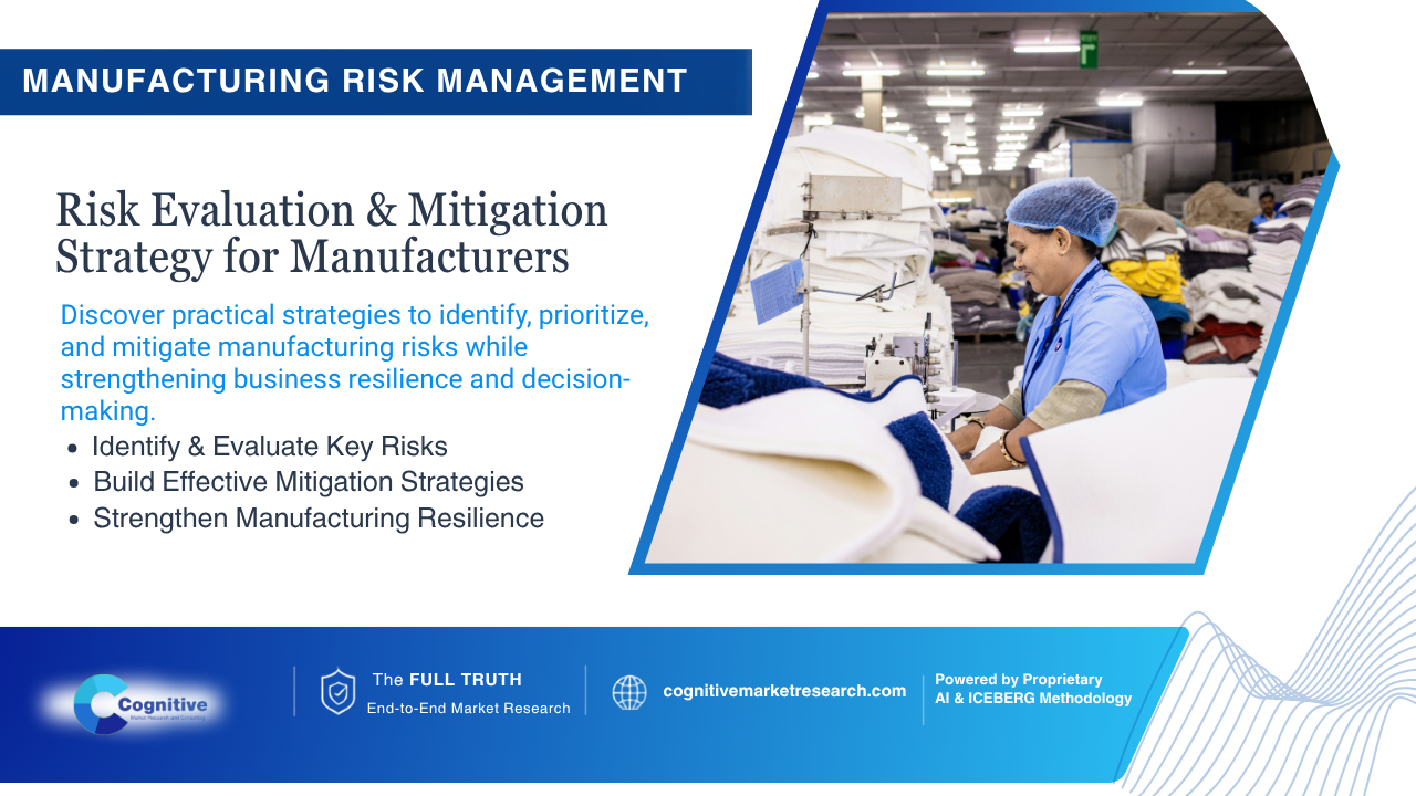 Infographic banner by Cognitive Market Research titled 'Manufacturing Risk Management: Risk Evaluation & Mitigation Strategy for Manufacturers', featuring a factory worker in a hairnet and blue uniform 
