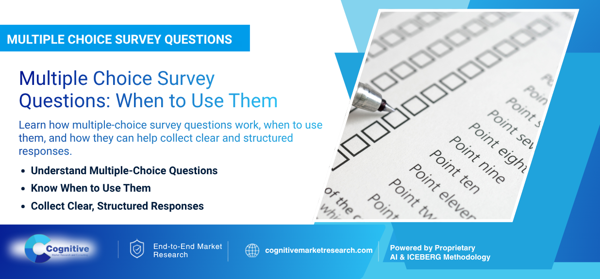 Infographic banner by Cognitive Market Research titled 'Multiple Choice Survey Questions: When to Use Them', featuring a close-up of a survey questionnaire form with checkboxes being filled out by a pen.
