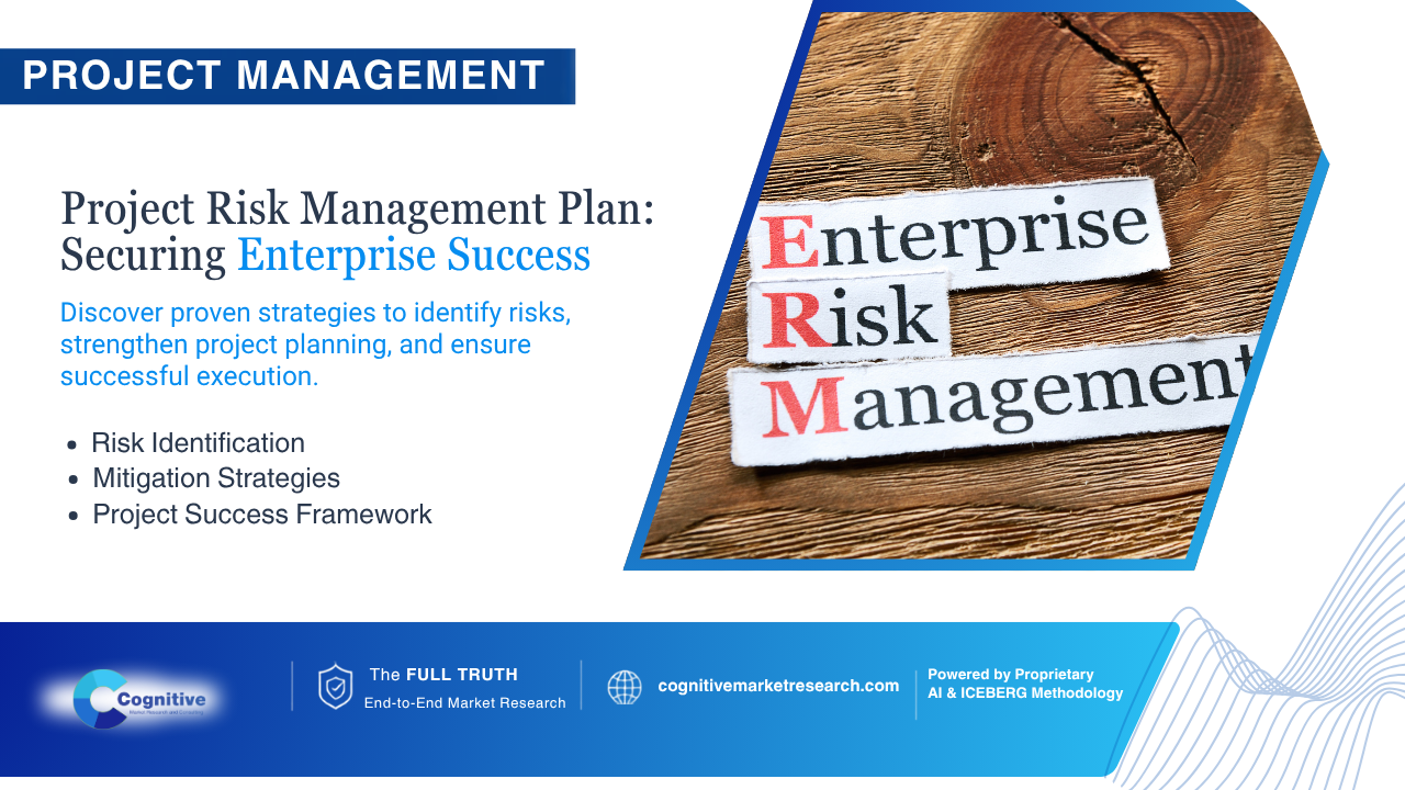 Infographic banner by Cognitive Market Research titled 'Project Management: Project Risk Management Plan: Securing Enterprise Success', focusing on risk identification and mitigation strategies."