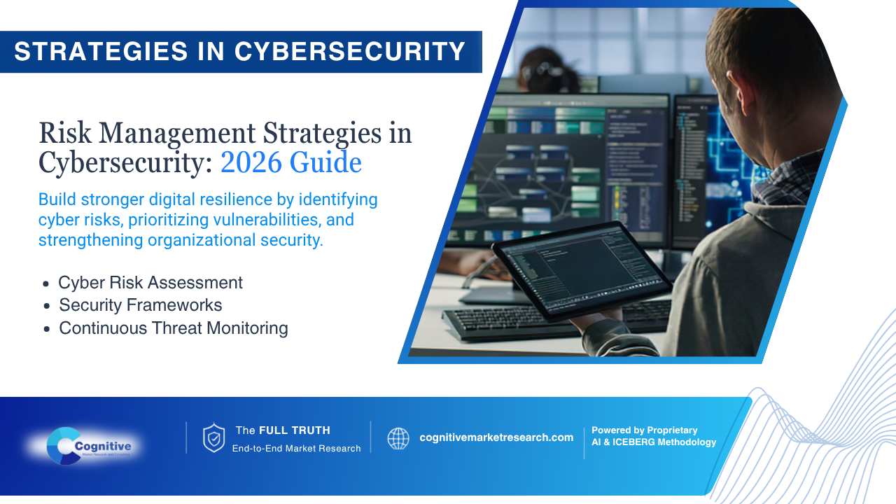"Infographic banner by Cognitive Market Research titled 'Strategies in Cybersecurity: Risk Management Strategies in Cybersecurity: 2026 Guide', focusing on cyber risk assessment and security frameworks."