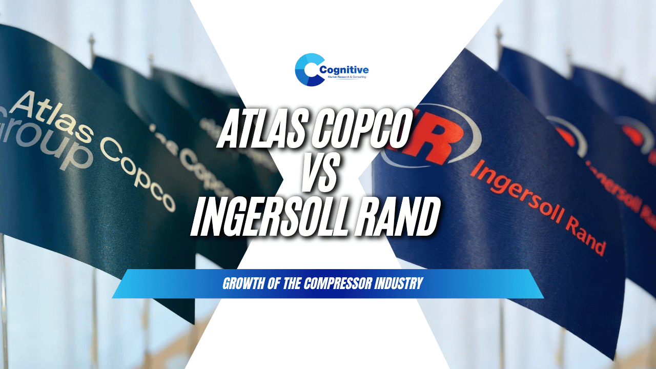 Market analysis graphic titled 'Growth of the Compressor Industry: Atlas Copco vs Ingersoll Rand' featuring promotional corporate flags for both companies. the market survey of atlas copco and ingersoll rand 