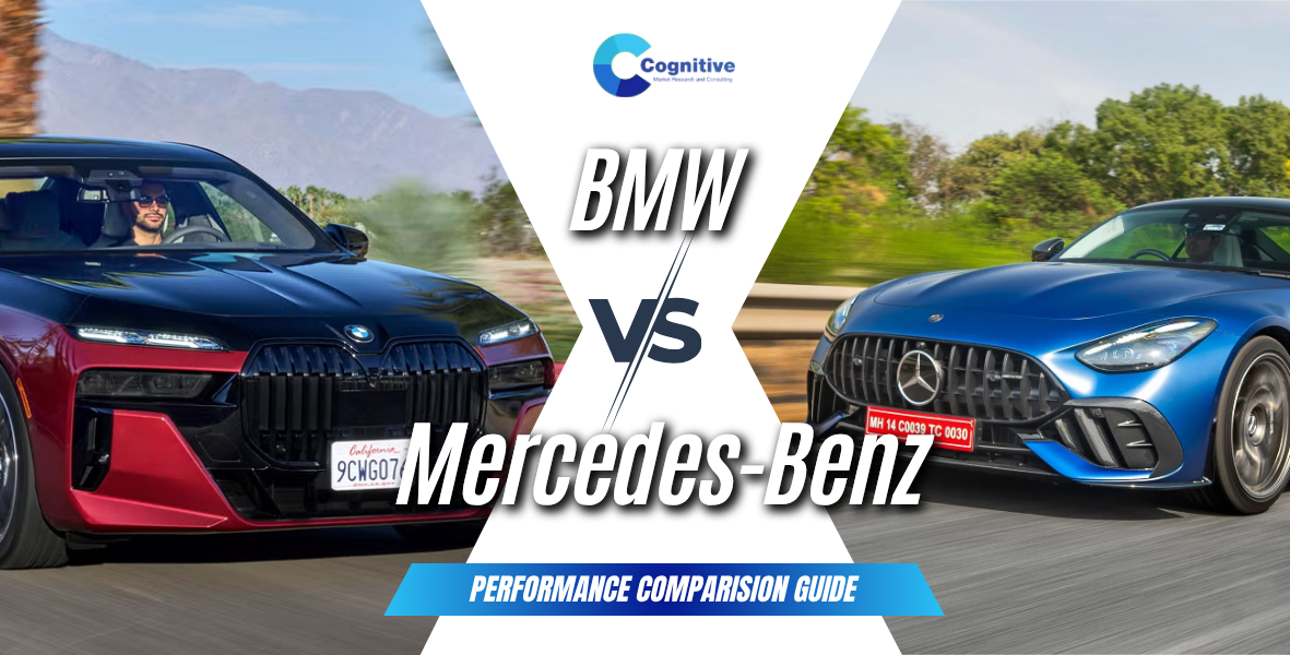 Market comparison graphic by Cognitive Market Research titled 'BMW vs. Mercedes-Benz: Performance Comparison Guide', featuring a black and red BMW on the left and a blue Mercedes-Benz on the right.