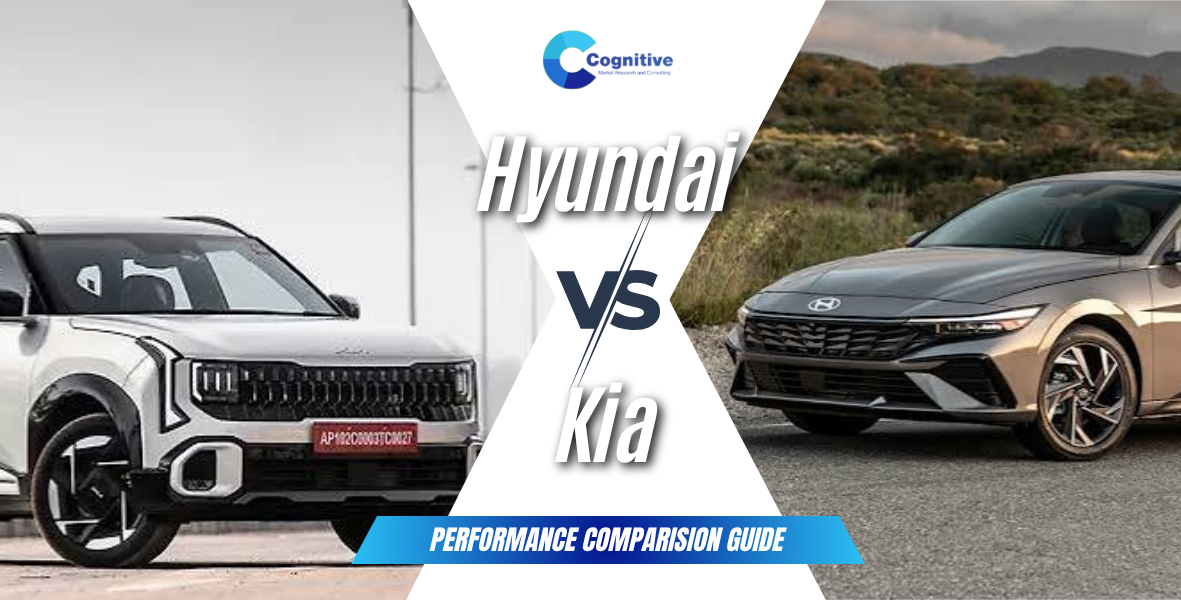 Market comparison graphic by Cognitive Market Research titled 'Hyundai vs. Kia: Performance Comparison Guide', featuring a white Hyundai vehicle on the left and a dark Hyundai vehicle on the right.