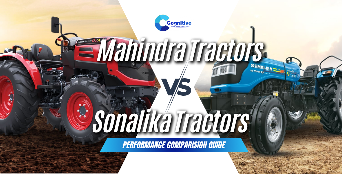Market comparison graphic by Cognitive Market Research titled 'Mahindra Tractors VS Sonalika Tractors: Performance Comparison Guide', featuring a Mahindra tractor on the left and a Sonalika tractor on the right.