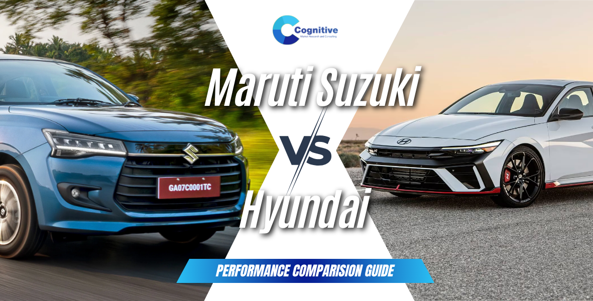 Market comparison graphic by Cognitive Market Research titled 'Maruti Suzuki VS Hyundai: Performance Comparison Guide', featuring a blue Maruti Suzuki car on the left and a white Hyundai car on the right.