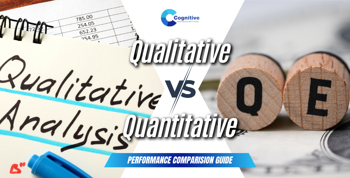 Market comparison graphic by Cognitive Market Research titled 'Qualitative vs. Quantitative Analysis', featuring a notepad with handwritten qualitative notes on the left and wooden blocks with letters on the right.