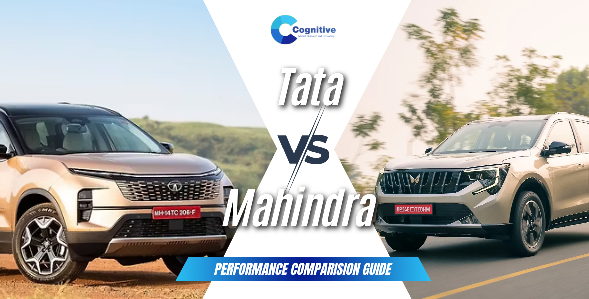 Market comparison graphic by Cognitive Market Research titled 'Tata VS Mahindra: Performance Comparison Guide', featuring a Tata SUV on the left and a Mahindra SUV on the right.