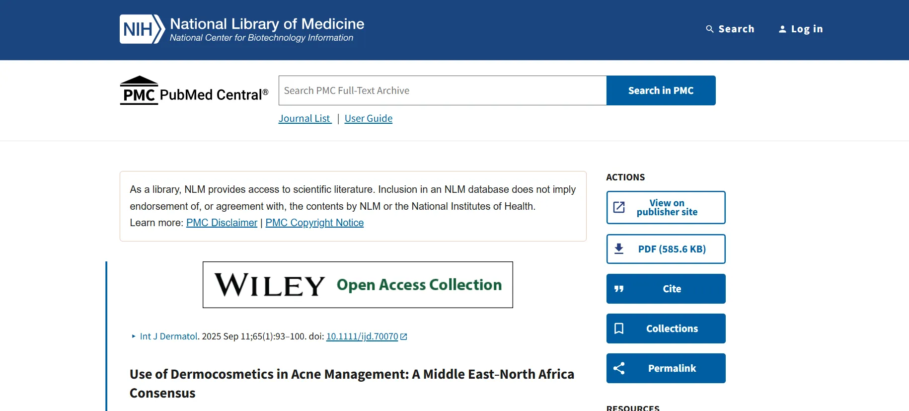 National Library of Medicine citation screenshot